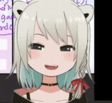 a cartoon girl with cat ears and a choker is smiling