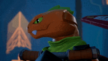 a toy snake holding a sword with a purple blade