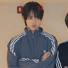 a person wearing an adidas jacket with a red star on their head