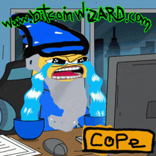 a cartoon of a man crying in front of a computer with the website www.bitcoinwizard.com in the background