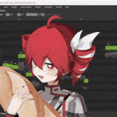 a girl with red hair is holding a sandwich in front of a computer screen