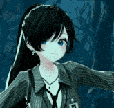 a girl with black hair and blue eyes is wearing a striped shirt and tie with a name tag that says ' a '