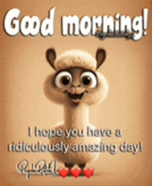 a cartoon llama is smiling and says good morning .