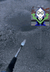 a pixelated image of a person holding a blue bottle with a label that says ' tc ' on it