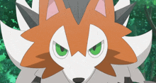 a close up of a cartoon character with orange and white fur and green eyes