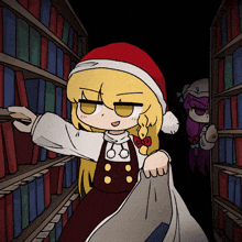 a cartoon drawing of a girl wearing a santa hat in a library