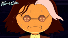 a poster for finna and cake shows a cartoon character wearing glasses