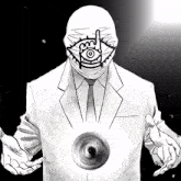 a black and white drawing of a man in a suit and tie with a large eye on his face