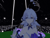 a girl with white hair and purple gloves is waving her hands