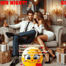 a man sitting on a couch with a woman sitting next to him and a smiley face that says good night