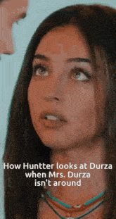 a close up of a woman 's face with a caption that says how hunter looks