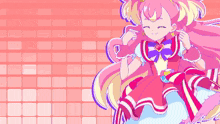 a girl with long pink hair is wearing a pink and white dress with a bow