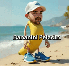 a man wearing a banana costume is walking on the beach