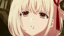 a close up of a girl 's face with red eyes and white hair