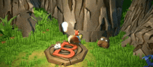 a cartoon squirrel is sitting on a wooden block with a letter b on it