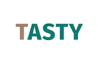 the word tasty is written in green and brown letters