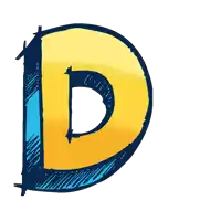 a yellow letter d with a blue border on a white background
