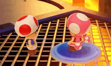 two toads are standing next to each other on a trampoline .
