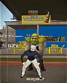 shrek and a man are dancing in front of a bardo seu ze