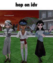 a man and two women are standing next to each other with the words hop on idv written above them