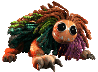 a stuffed animal with a purple scarf around its neck has sharp claws