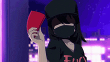 a girl with a mask on her face is holding a red object in her hand