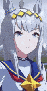 a girl with white hair and blue eyes is wearing a sailor outfit