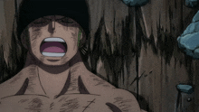 a drawing of a man with his mouth open and a x on his chest