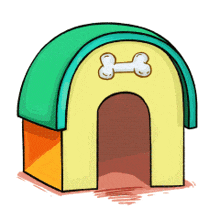 a cartoon drawing of a dog house with a green roof and a bone on it
