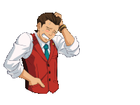 a cartoon drawing of a man in a red vest and tie scratching his head