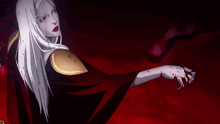 a woman with white hair and red lips is holding a piece of paper with blood coming out of it