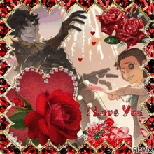 a picture of a man and woman with red roses and the words i love you on the bottom
