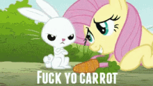 a picture of a pony and a rabbit with the words " fuck yo carrot " on the bottom