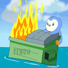 a cartoon of a penguin sitting on a dumpster that says pengu