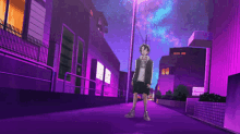 a person standing on a purple street with a sign that says no parking