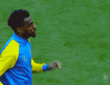a man in a blue and yellow jacket stands on a soccer field