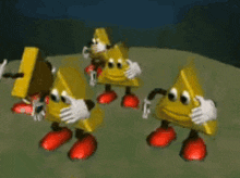 a group of yellow triangles with red feet and arms