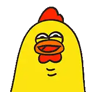 a yellow chicken with a red crest is smiling and looking at the camera .