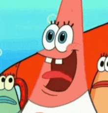 patrick star from spongebob squarepants is smiling with his mouth open