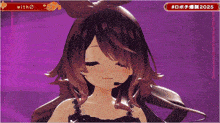 a girl with a bow on her head is smiling in front of a sign that says with on it