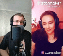 a man and a woman are singing into a microphone with starmaker on the bottom right