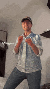a man wearing glasses and a hat is standing in front of a sign that says vigge.ai