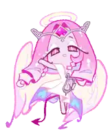 a cartoon character with pink hair and wings is wearing a crown and holding a harp .