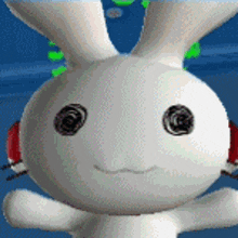 a white rabbit wearing red headphones is looking at the camera with a sad face .