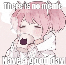 a girl with pink hair is drinking a cup of coffee with a cat on it .
