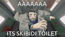 a cartoon of a man running in a hallway with the words " aaaaaa its skibidi toilet " on the bottom