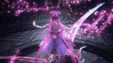 a woman in a purple dress is holding a sword in a video game