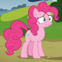 pinkie pie from my little pony is standing on a dirt path