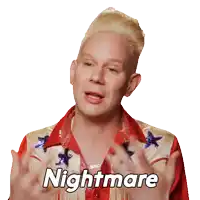 a man in a red and white shirt with the word nightmare on his chest