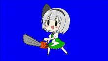 a cartoon girl in a green dress is holding an orange chainsaw